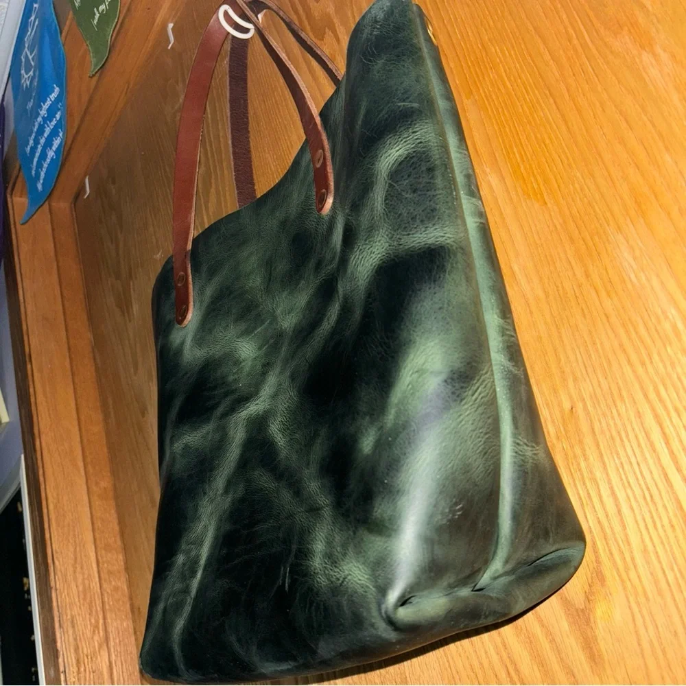 KMM Eucalyptus Leather Tote Bag with Brown Handles